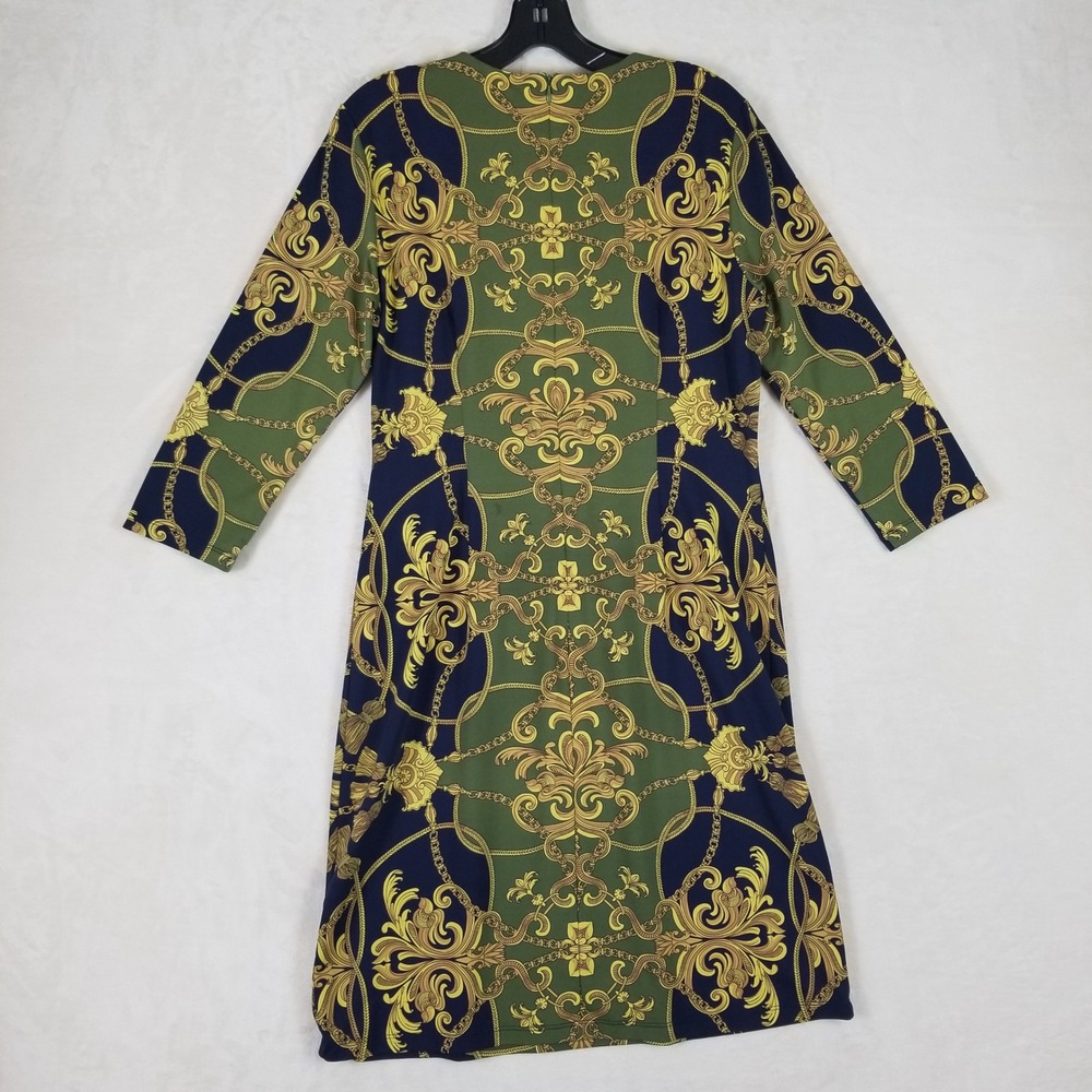J.McLaughlin Sheath Dress Women Sz L Green Navy Gold Baroque Chain Print 3/4 Slv - Picture 2 of 7